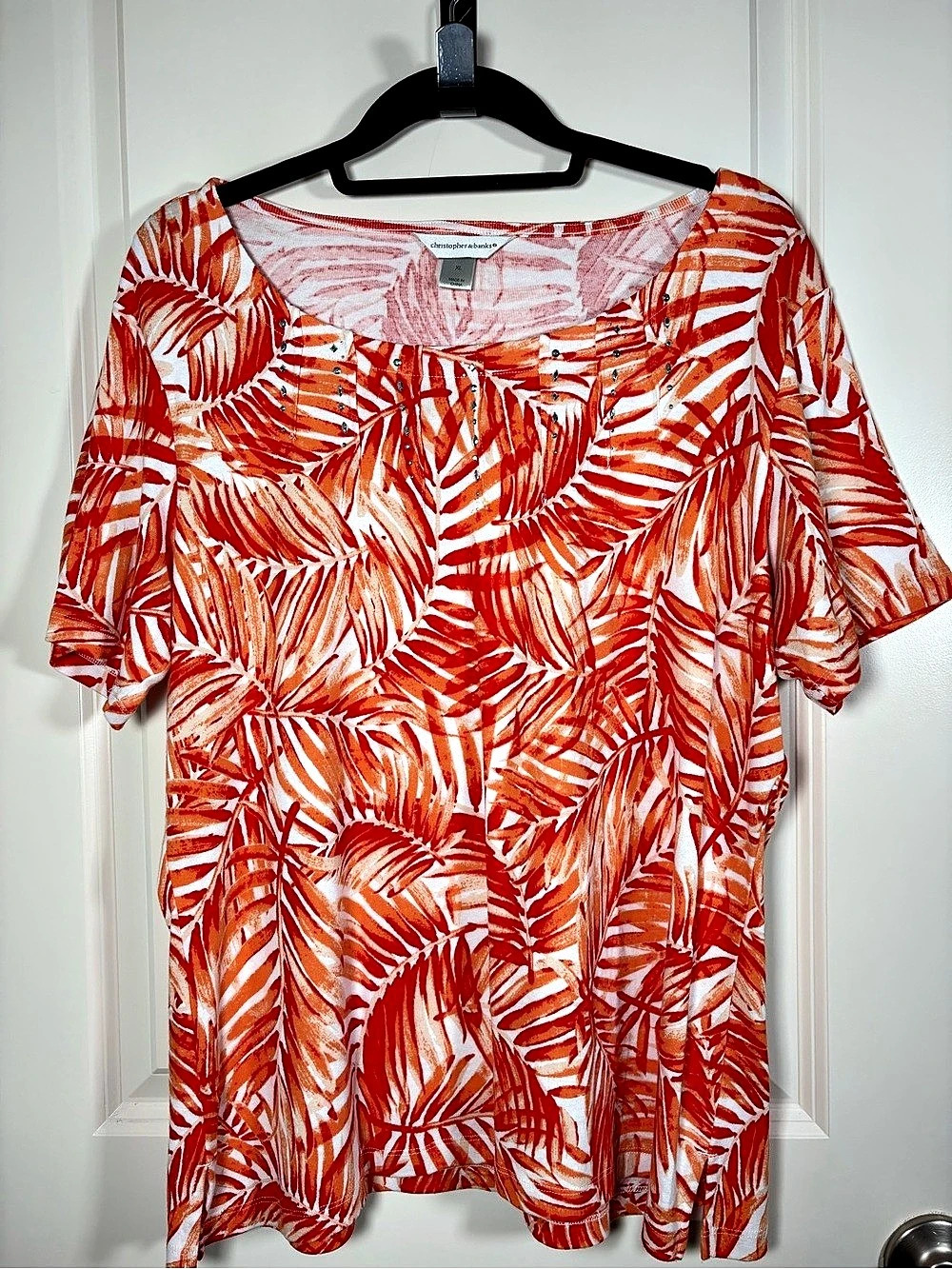 Christopher & Banks orange & White Leaf Print Short Sleeve Top Size XL Like New
